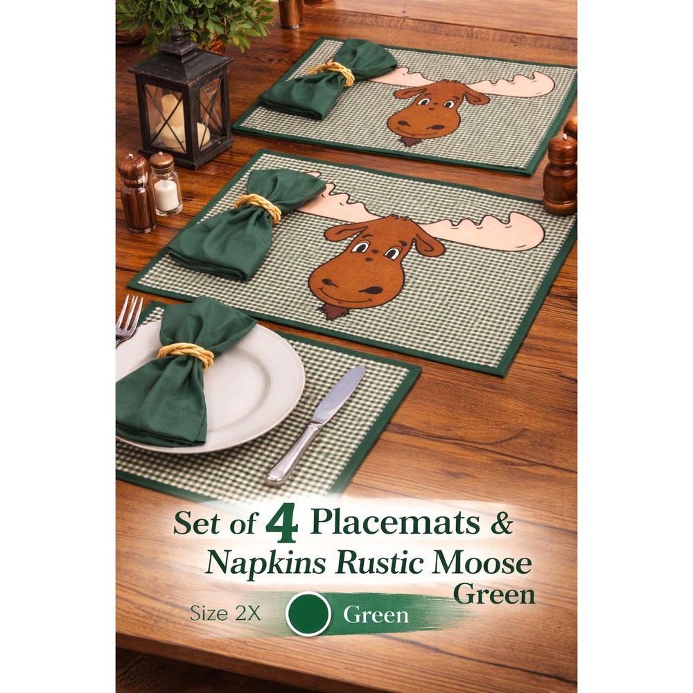 Set of 4 Rustic Moose Placemats Napkins & Antler Rings Green Gingham Lodge Decor